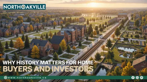Aerial view of North Oakville with brick houses, a train track, and autumn trees at sunset, promoting history's importance for home buyers and investors.